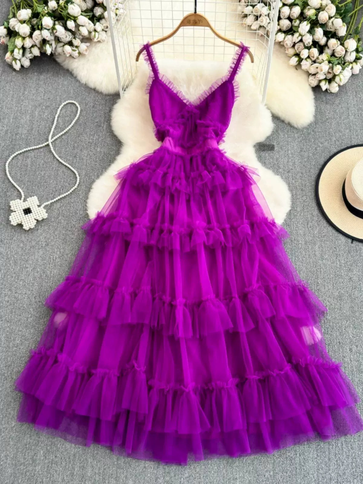 Backless Slip  A- line Irregular Mesh Cake Dress