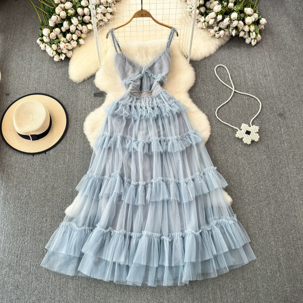 Backless Slip  A- line Irregular Mesh Cake Dress