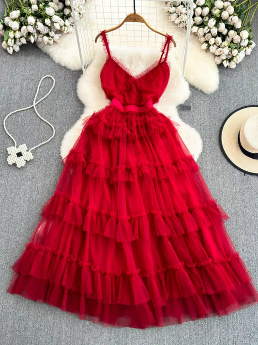 Backless Slip  A- line Irregular Mesh Cake Dress