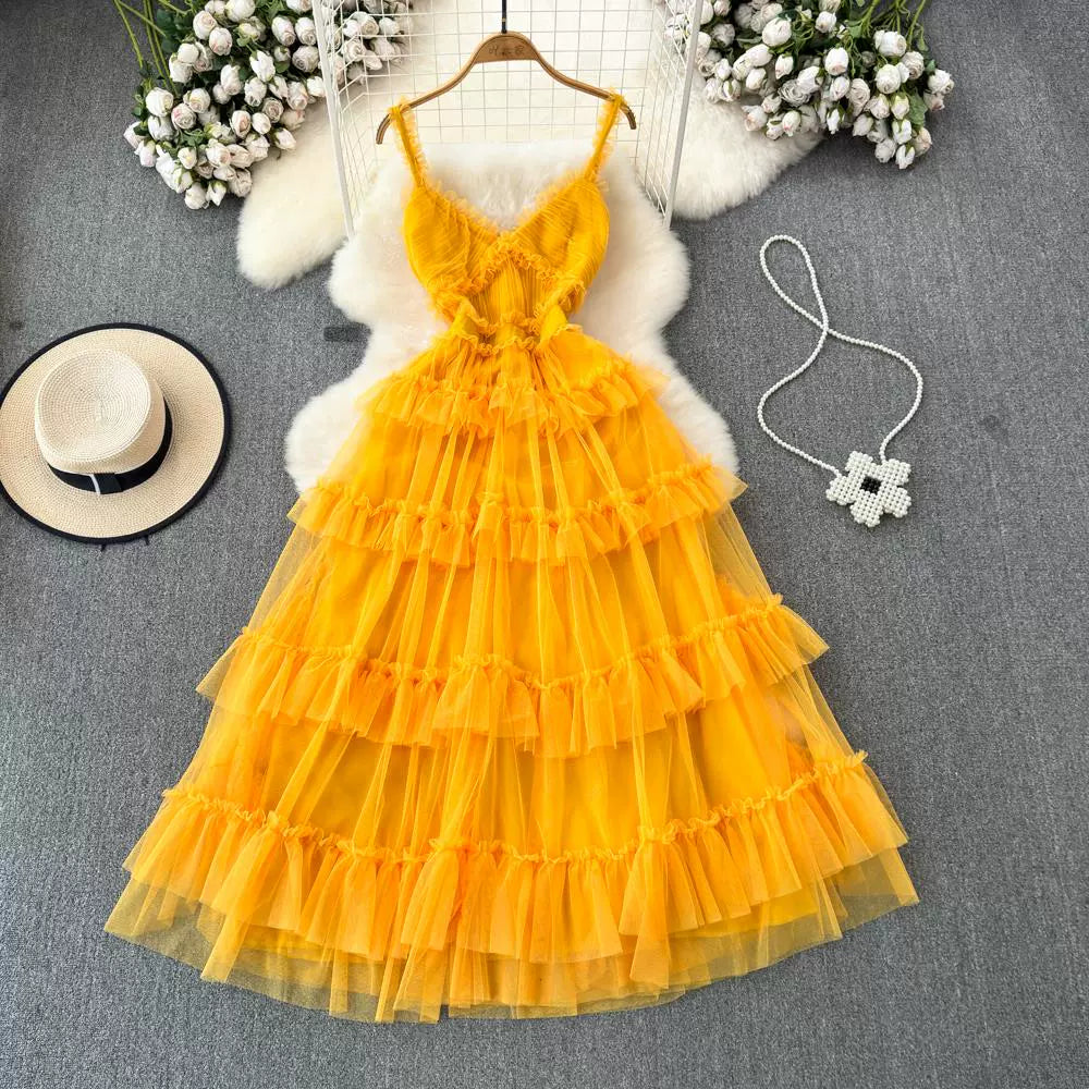 Backless Slip  A- line Irregular Mesh Cake Dress