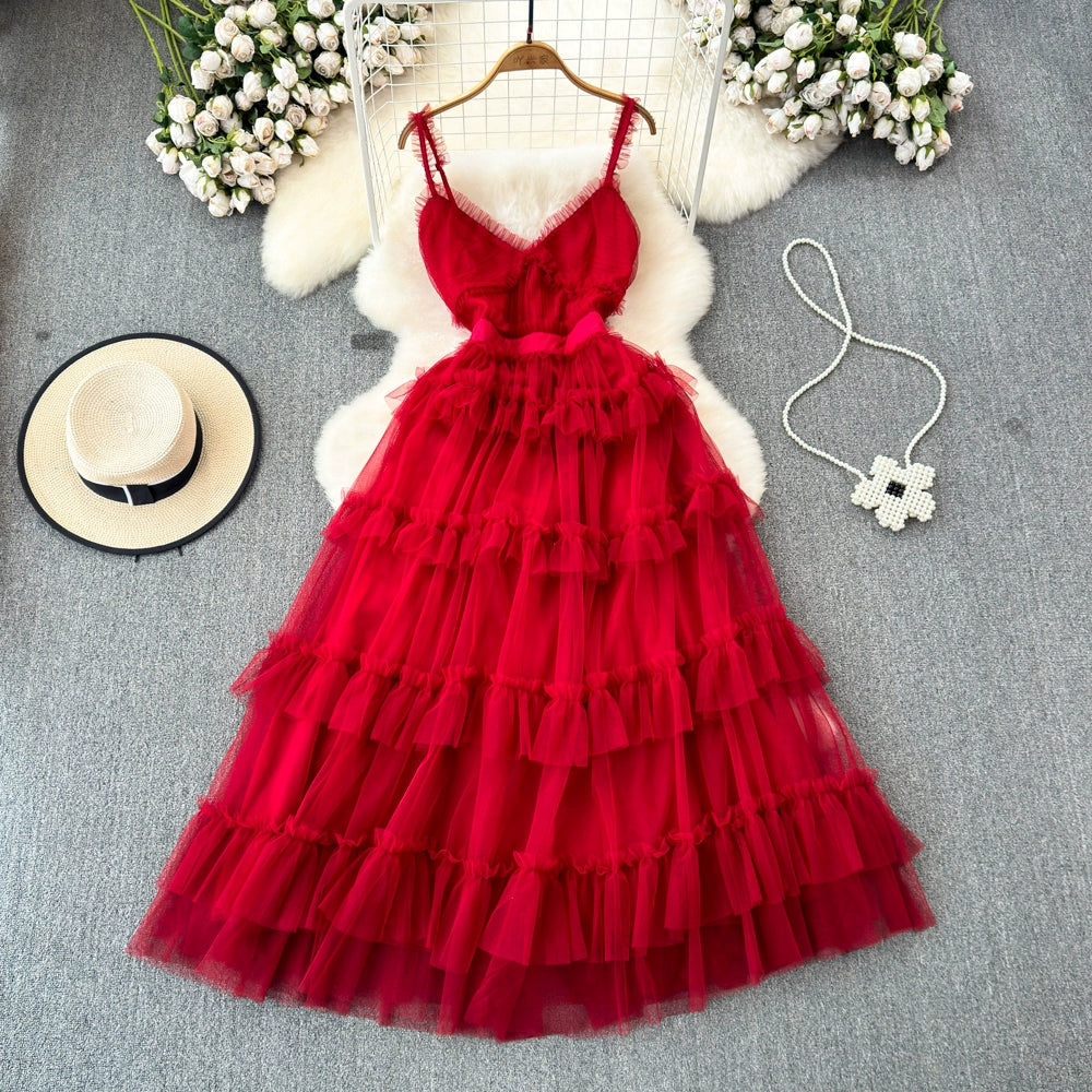 Backless Slip  A- line Irregular Mesh Cake Dress