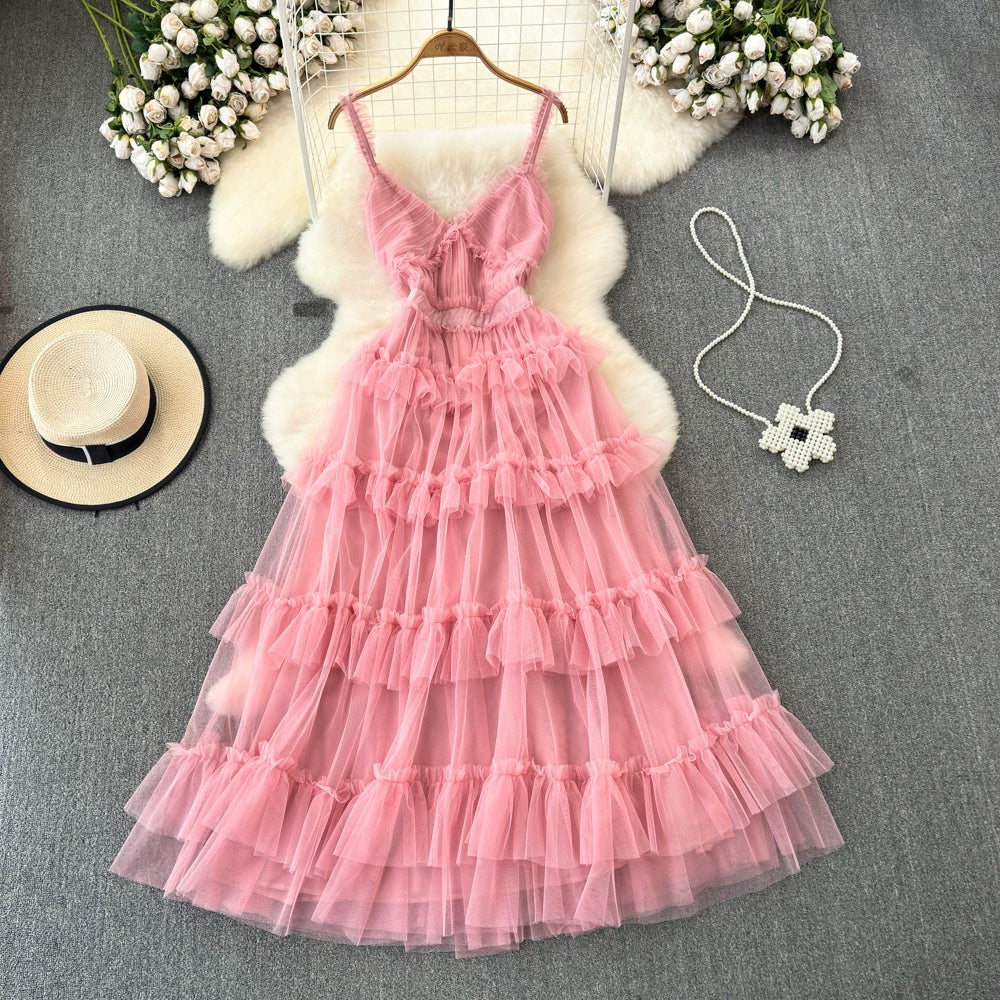 Backless Slip  A- line Irregular Mesh Cake Dress