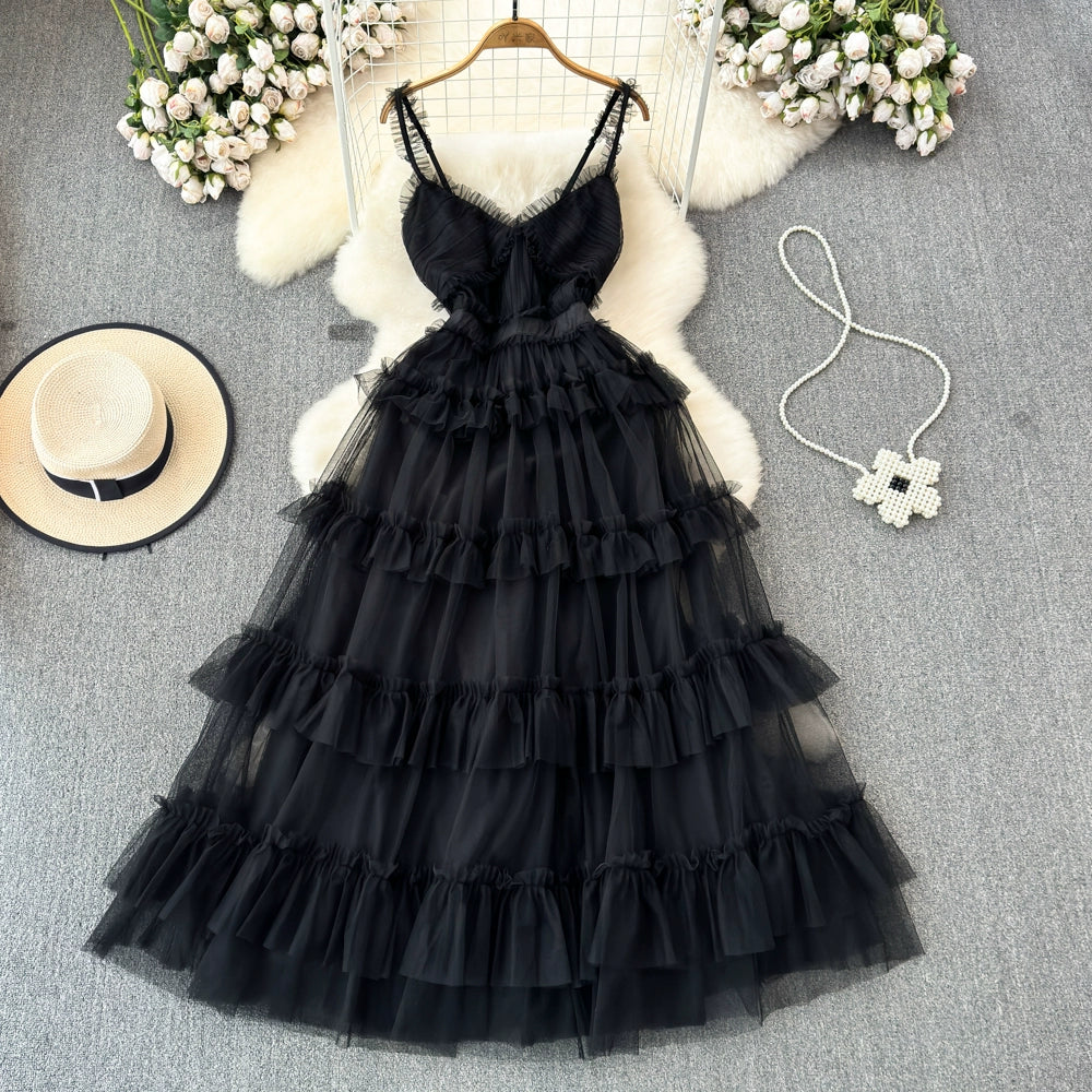 Backless Slip  A- line Irregular Mesh Cake Dress