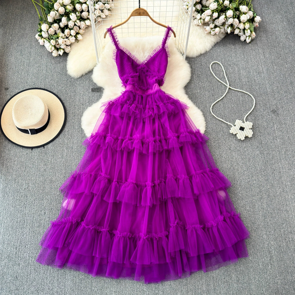 Backless Slip  A- line Irregular Mesh Cake Dress