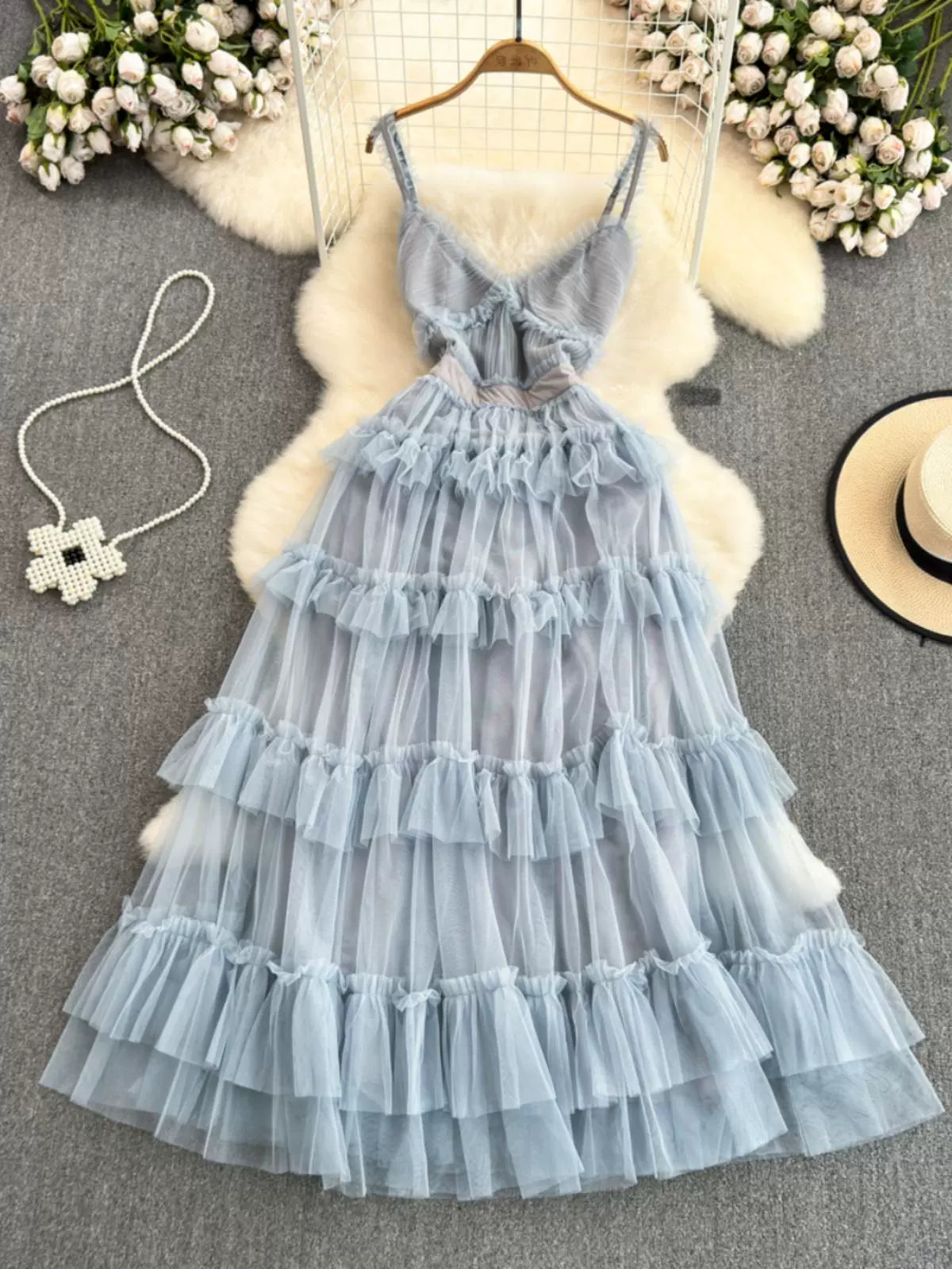 Backless Slip  A- line Irregular Mesh Cake Dress