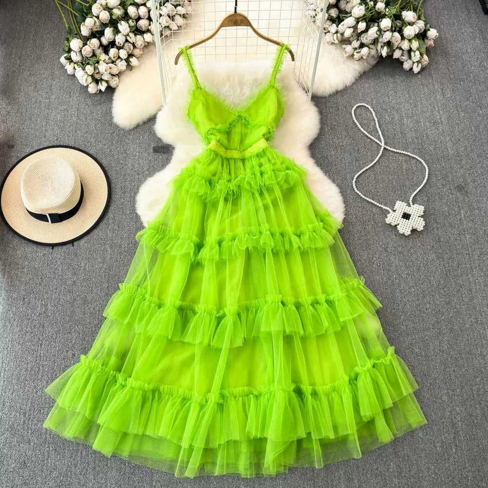 Backless Slip  A- line Irregular Mesh Cake Dress