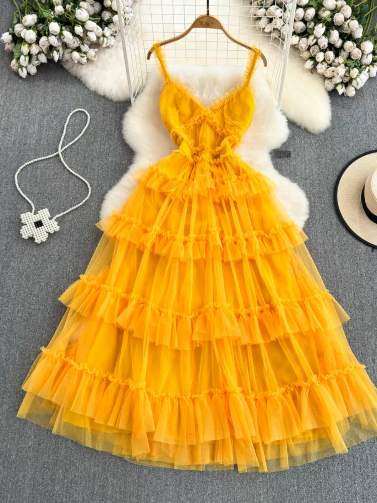 Backless Slip  A- line Irregular Mesh Cake Dress