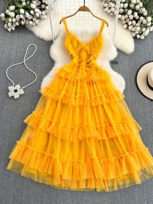 Backless Slip  A- line Irregular Mesh Cake Dress