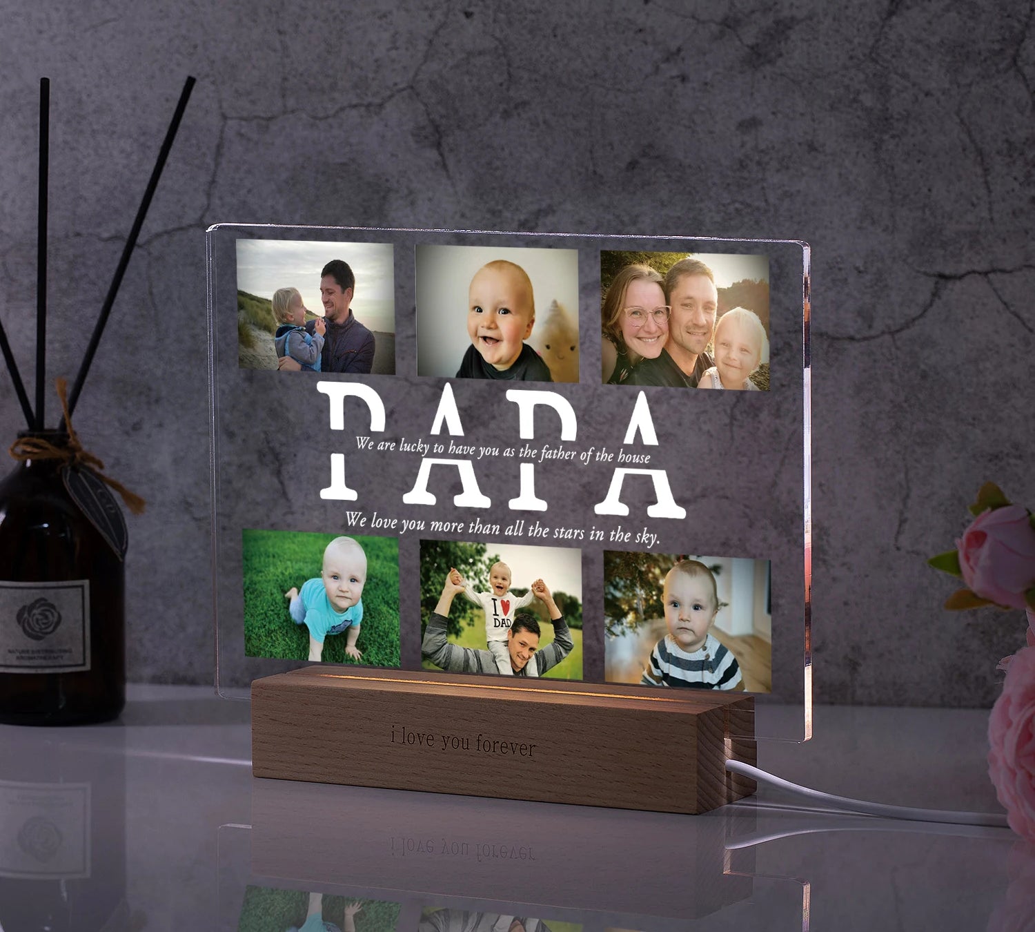 Unique 3D acrylic lamp with personalized engraving on a bedside table