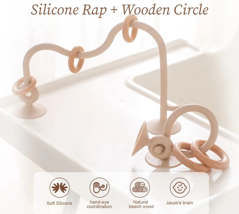 Natural wood and silicone teething toy for infants