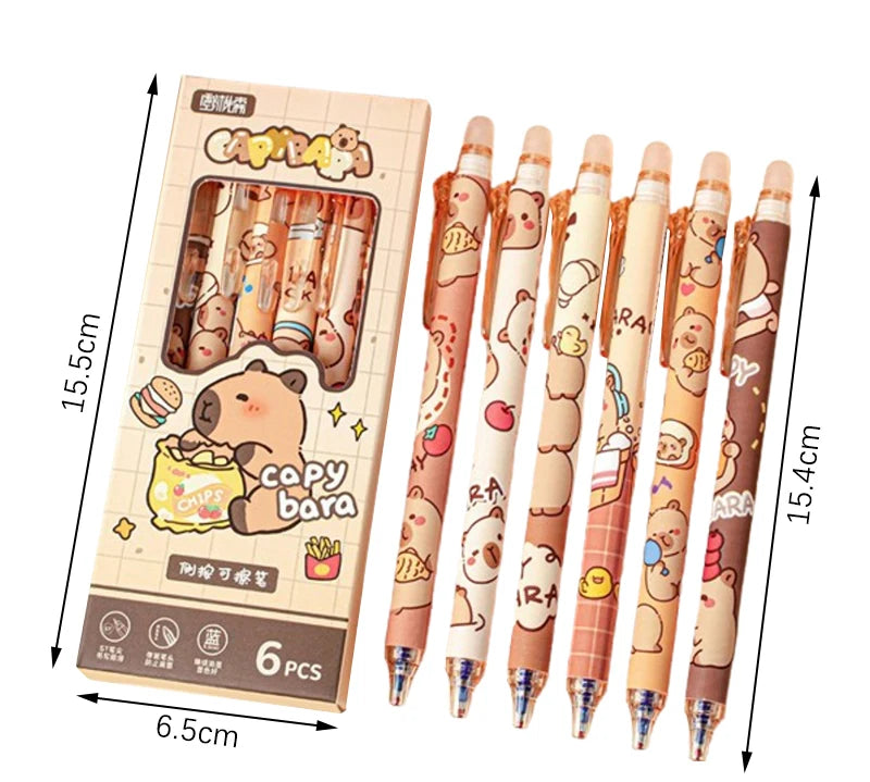 6Pcs Cute Capybara Erasable Pens