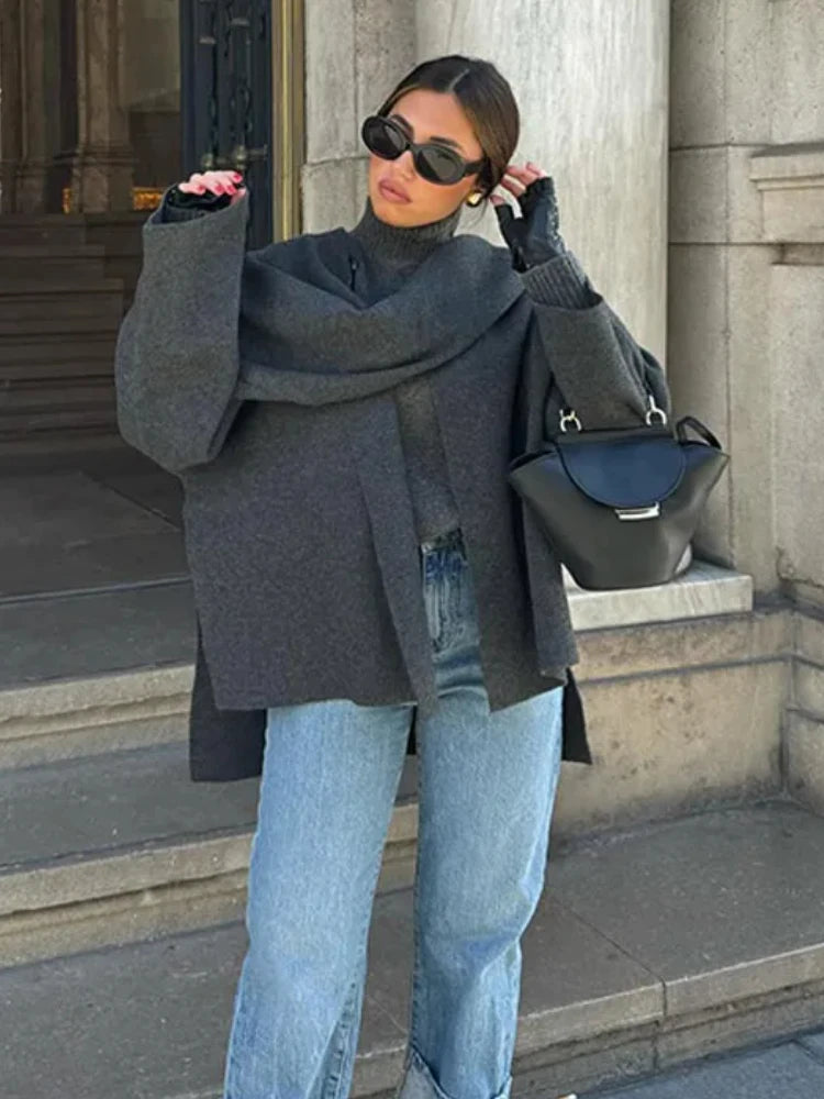 Women's Asymmetric Scarf Knitted Jacket | Loose Coat Winter New Female Chic Outerwear