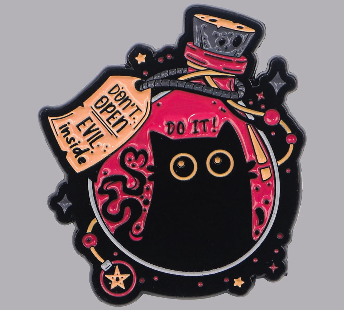 Cute black cat enamel pin on jacket