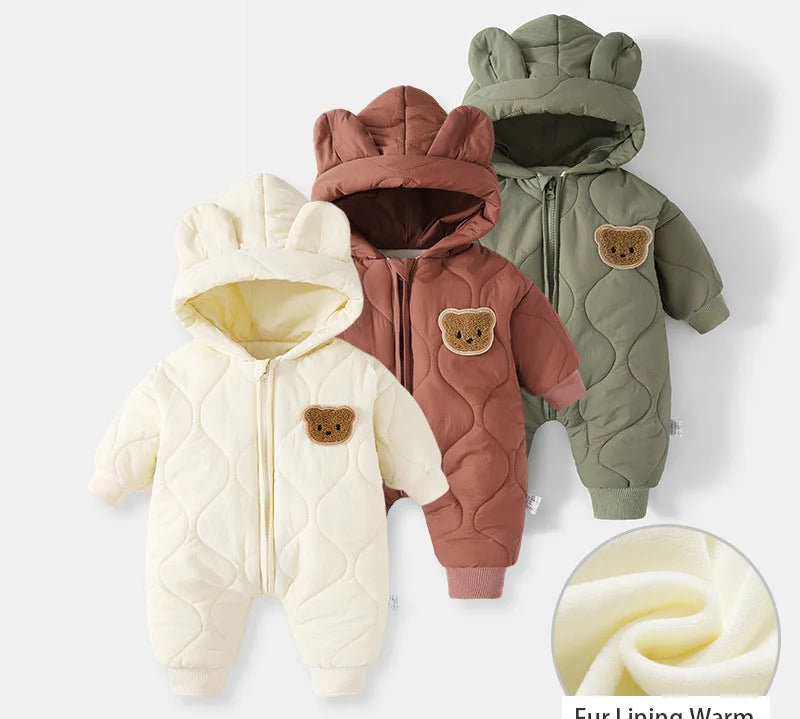 Winter baby romper with bear ears and hood