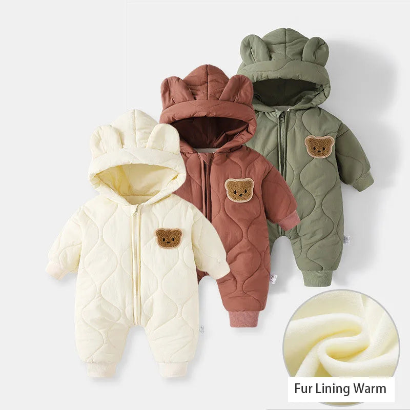 Winter baby romper with bear ears and hood