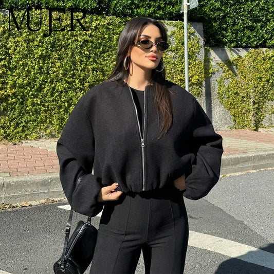 MUJER Black Bomber Jackets for Women | 2025 Long Sleeve Winter Coat Female