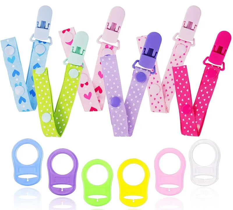 Set of baby pacifier clips in various colors