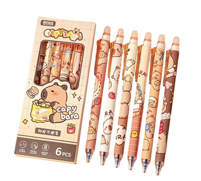 Capybara erasable pens set of 6 with cute designs