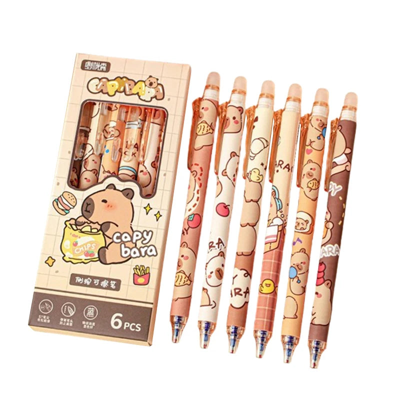 Capybara erasable pens set of 6 with cute designs