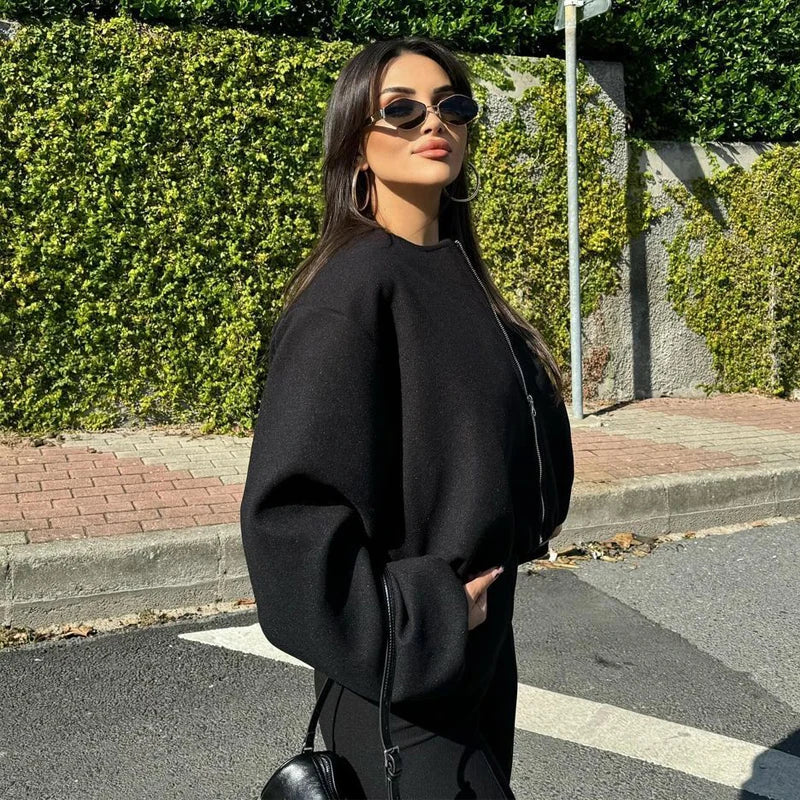 MUJER Black Bomber Jackets for Women | 2025 Long Sleeve Winter Coat Female