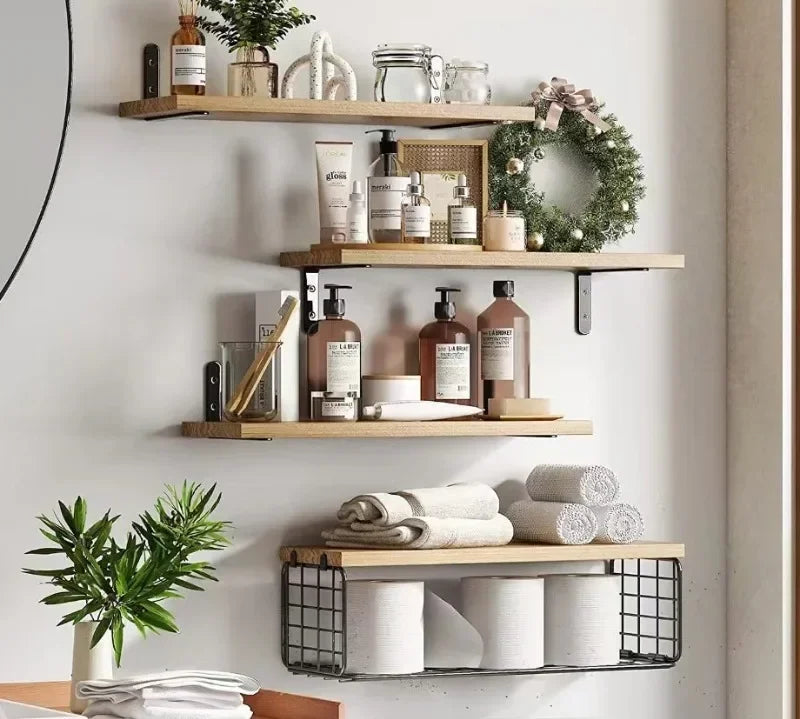 Elegant wooden floating shelves for organized home interiors