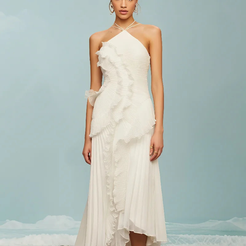 ruffles tiered a-line backless prom gowns