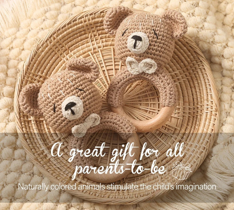 Soft and safe crochet bear rattle teether for babies