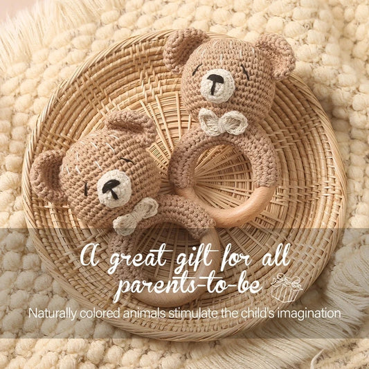 Soft and safe crochet bear rattle teether for babies