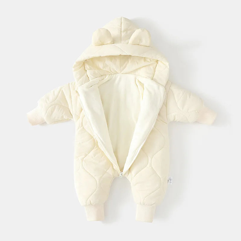 Hooded baby romper for cold weather comfort