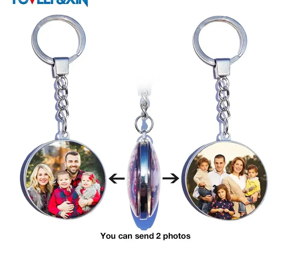Personalized photo keychain showing front and back designs