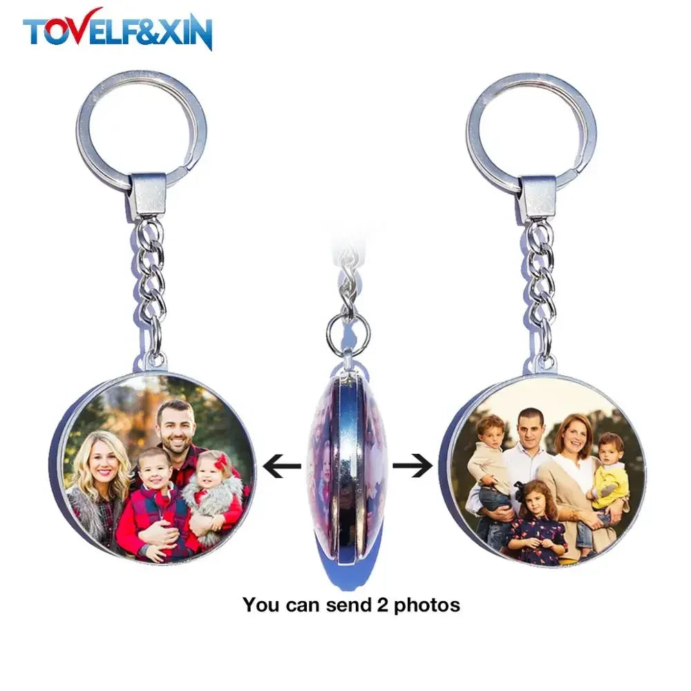 Personalized photo keychain showing front and back designs