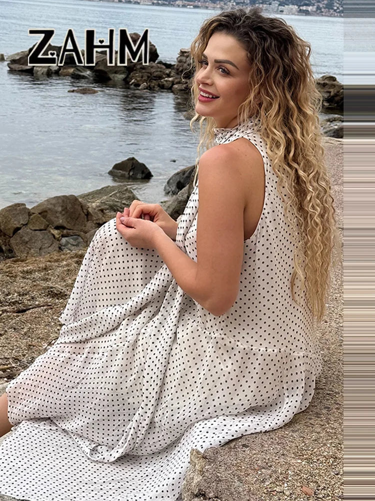 2025 Elegant Polka Dots Halter Ribbons Dress