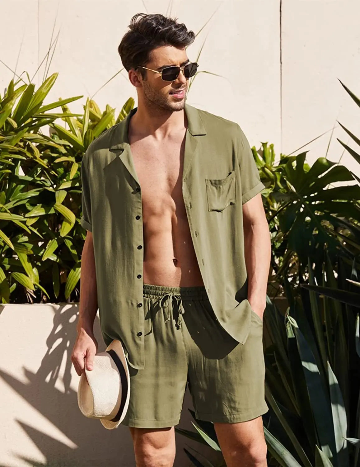 summer cotton linen men beach swim set outfit
