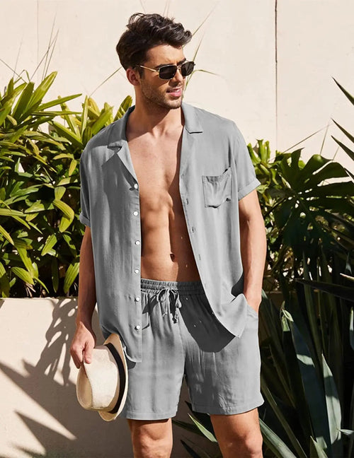 summer cotton linen men’s beach swim set outfit