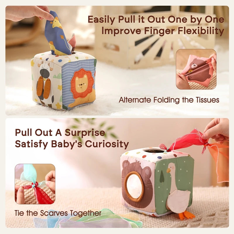 Baby magic tissue box for hand-eye coordination development