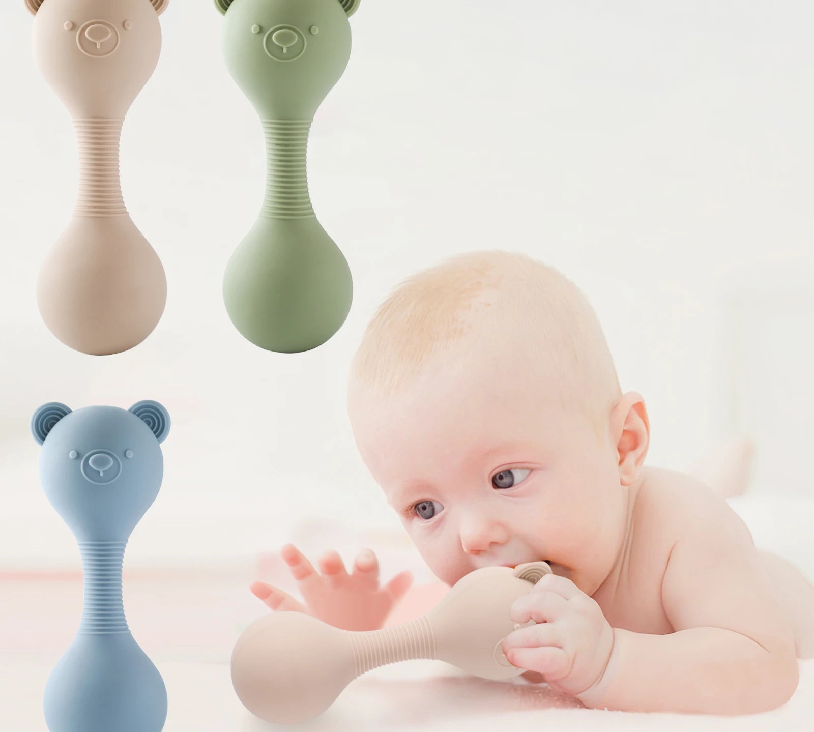 Silicone bear rattle teether for babies with soothing properties
