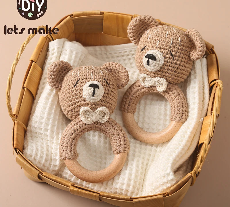 Crochet bear rattle teether toy for soothing baby teething