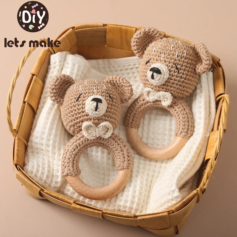 Crochet bear rattle teether toy for soothing baby teething