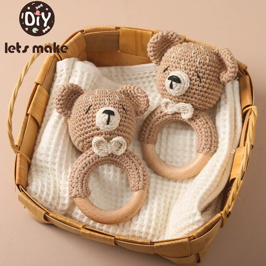 Crochet bear rattle teether toy for soothing baby teething