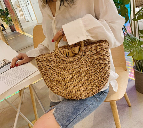 Summer Top Handle Semi Circle Straw Bag