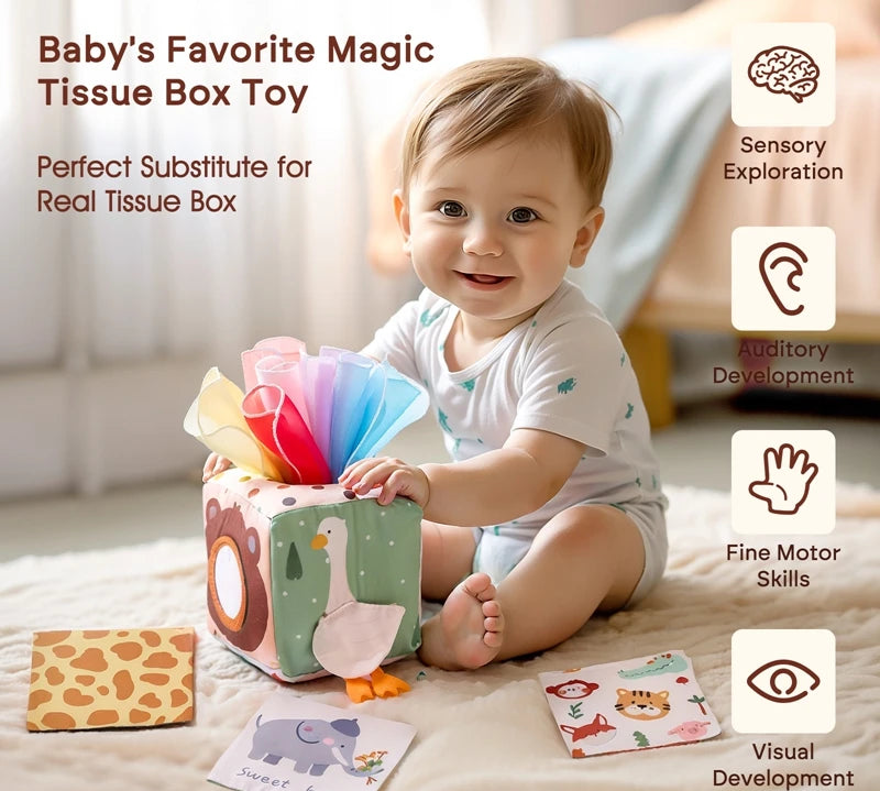 Interactive baby tissue box to develop motor skills