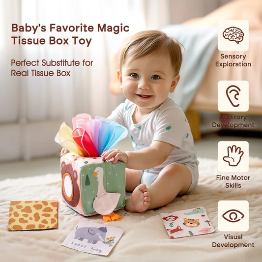 Interactive baby tissue box to develop motor skills