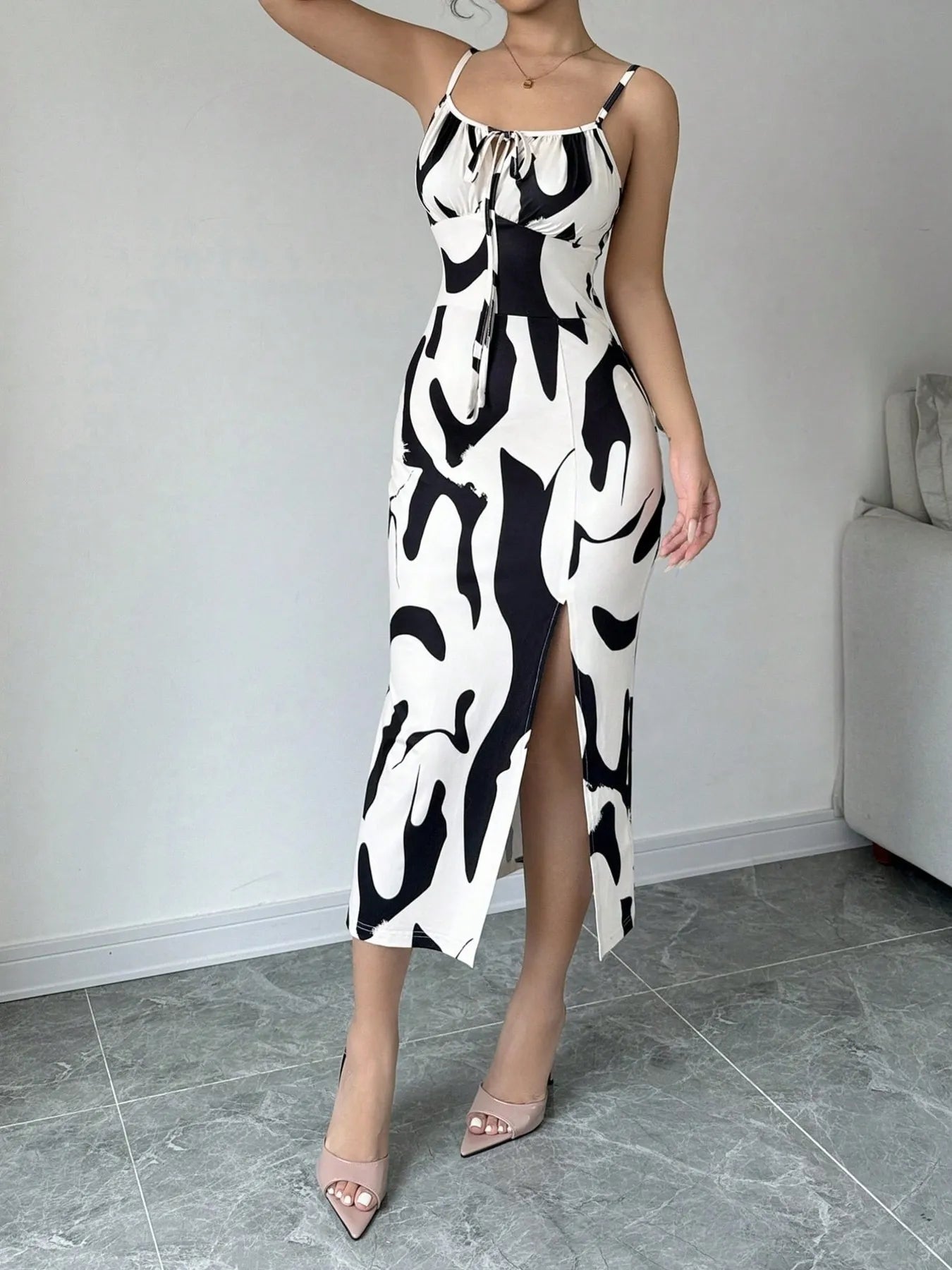 Slit Cow Print Spaghetti Strap Midi Dress