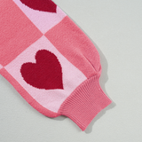 Pink Plus Size Heart Checkered Lantern Sleeve Sweater