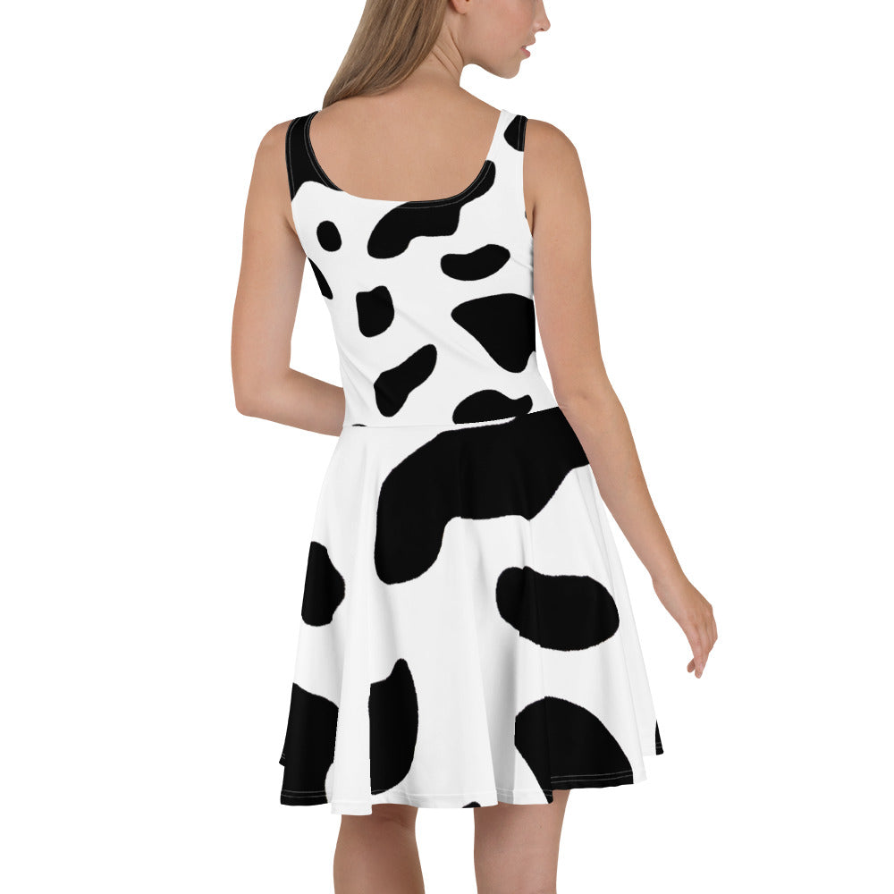 Womens Skater Dress - Black White Cow Print