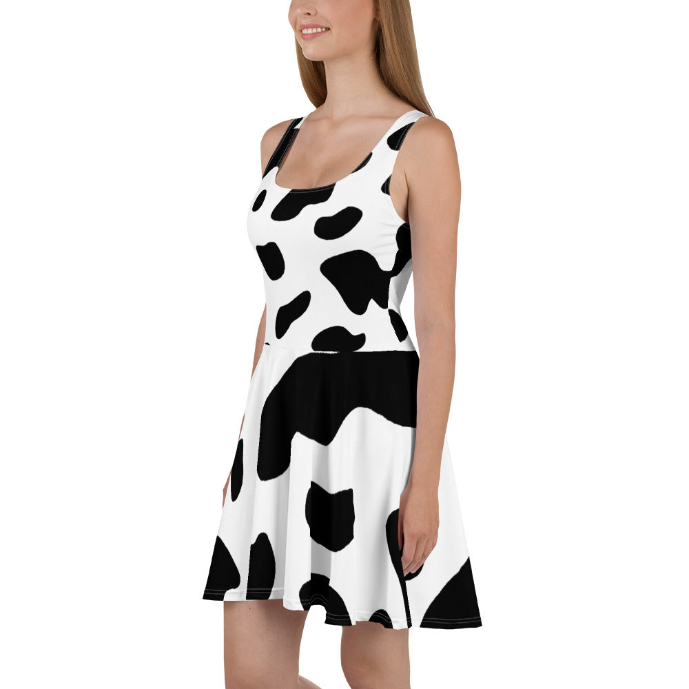 Womens Skater Dress - Black White Cow Print
