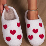 White Heart Print Plush Slippers
