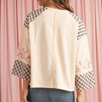 Trendy women’s beige plaid long sleeve top with heart patchwork