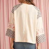 Trendy women’s beige plaid long sleeve top with heart patchwork