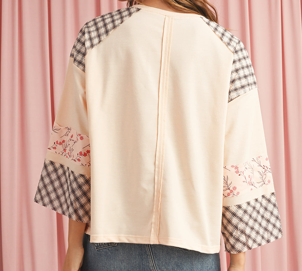 Trendy women’s beige plaid long sleeve top with heart patchwork